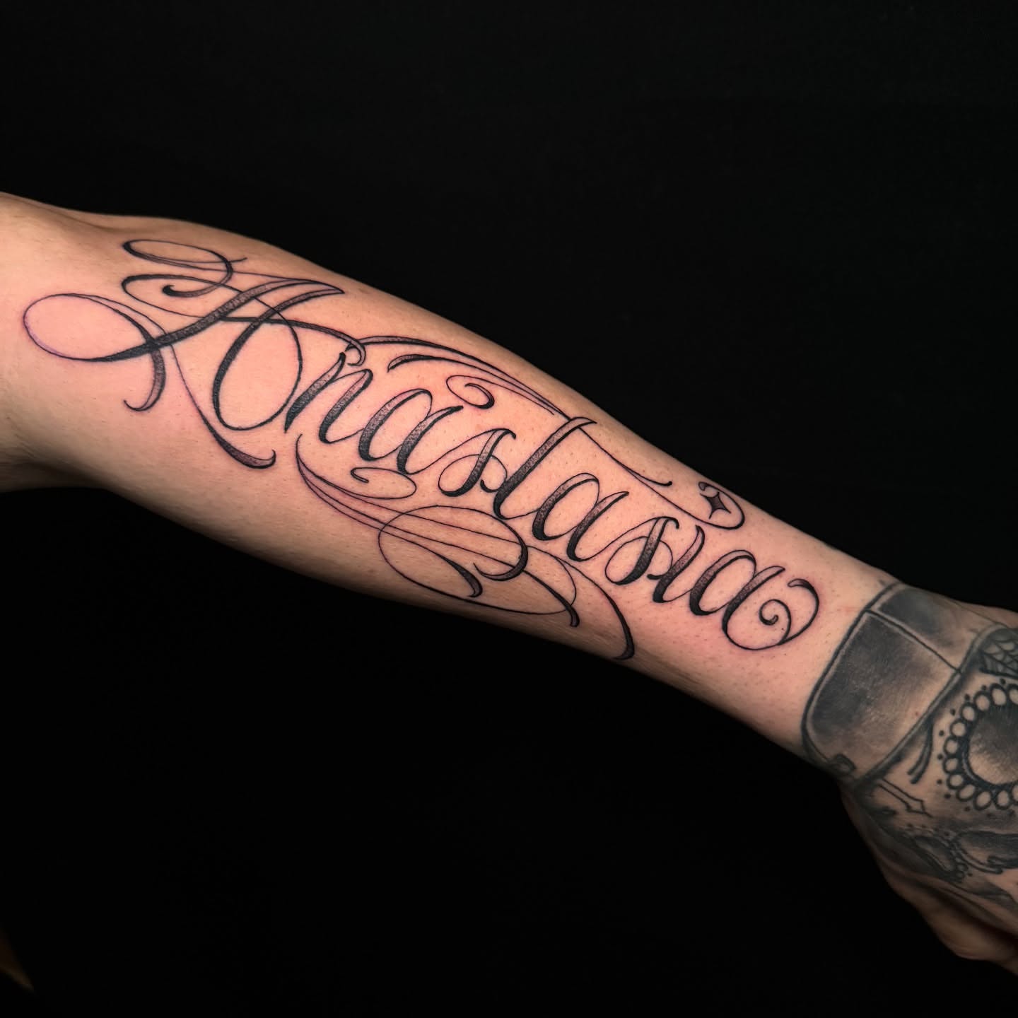 Script lettering lettering script tattoo on the forearm by George Maldonado Austin, Austin, Texas