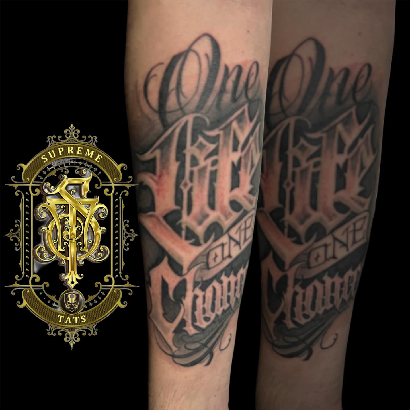 Script lettering lettering script tattoo on the forearm by Christopher Allman, Cheviot, Ohio