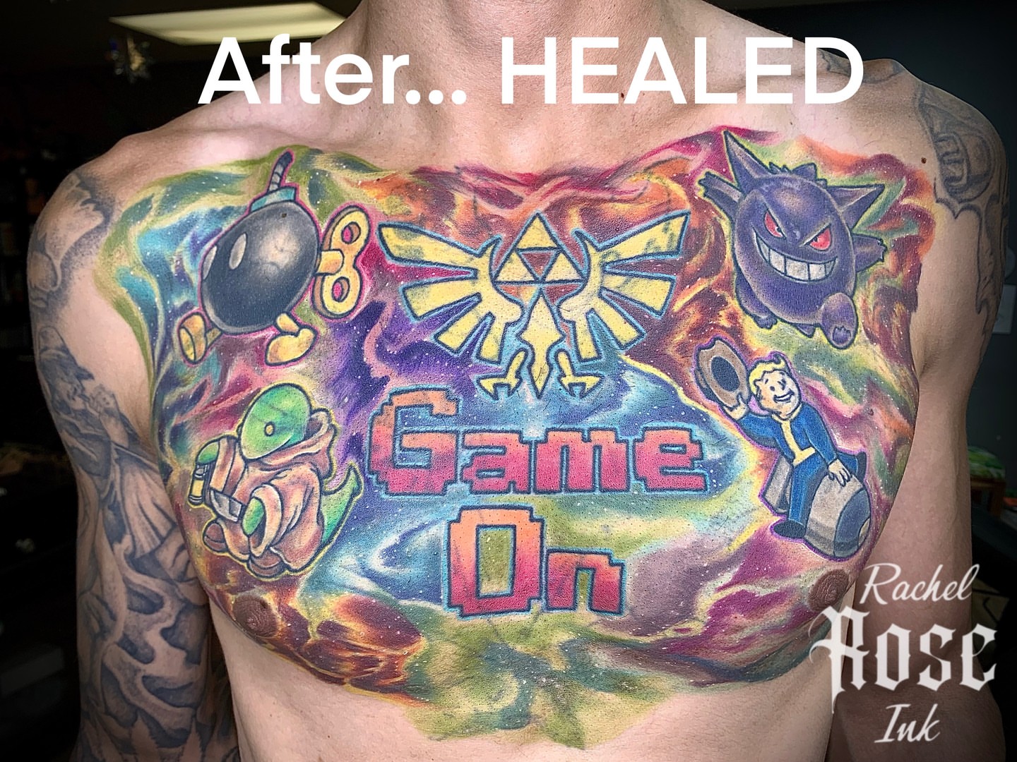 Video game characters illustrative tattoo on the chest by 𝑅𝒶𝒸𝒽𝑒𝓁 𝑅𝑜𝓈𝑒 🌹
