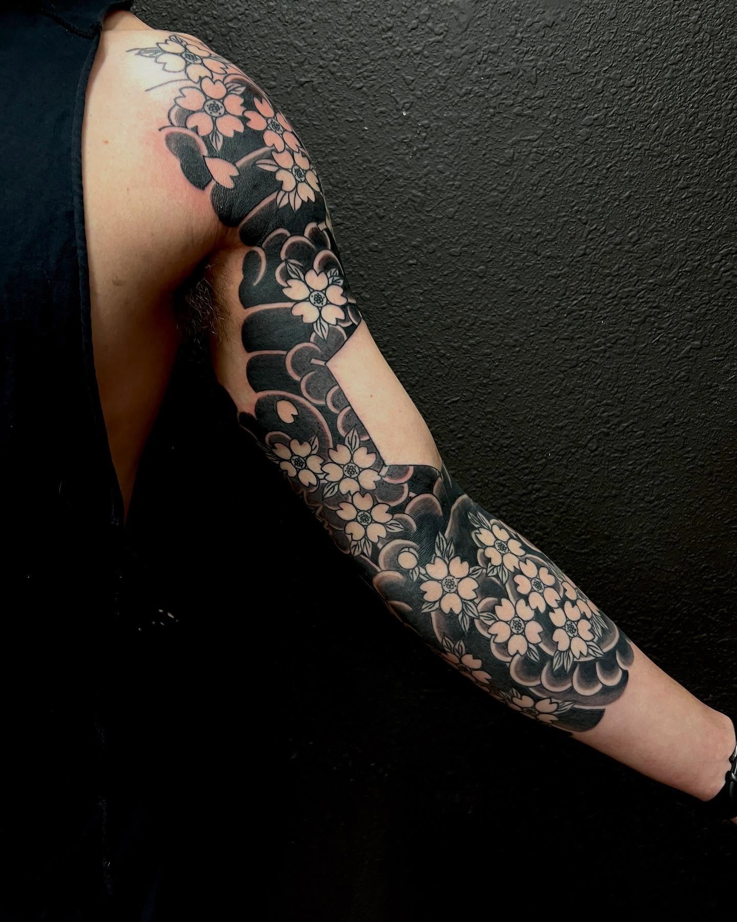 Cherry blossoms japanese irezumi tattoo on the forearm by Rocky Burley, Georgetown, Texas