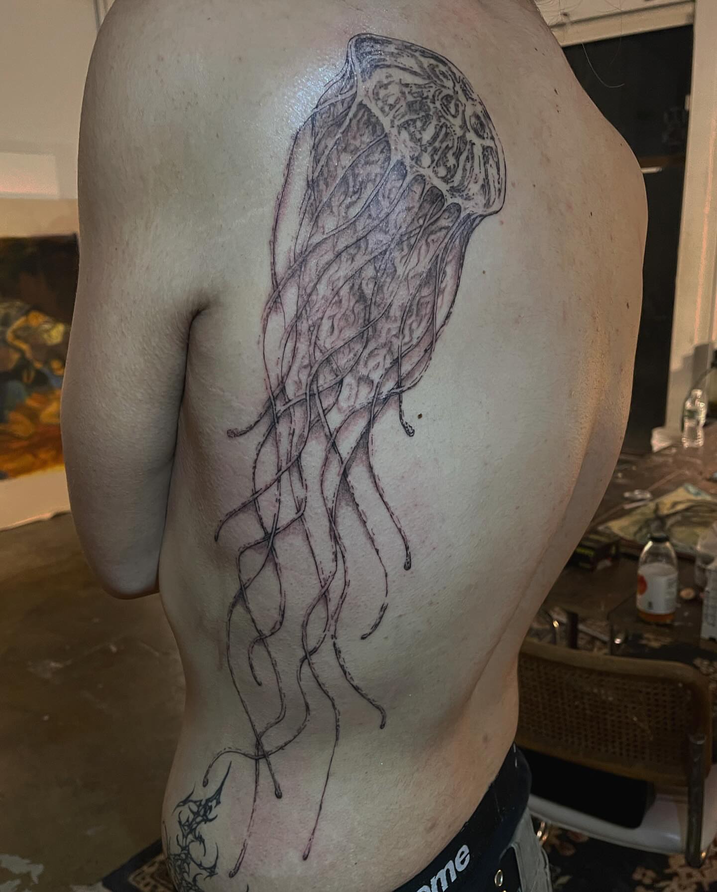 Jellyfish black and grey tattoo on the back by @initiationoftorture