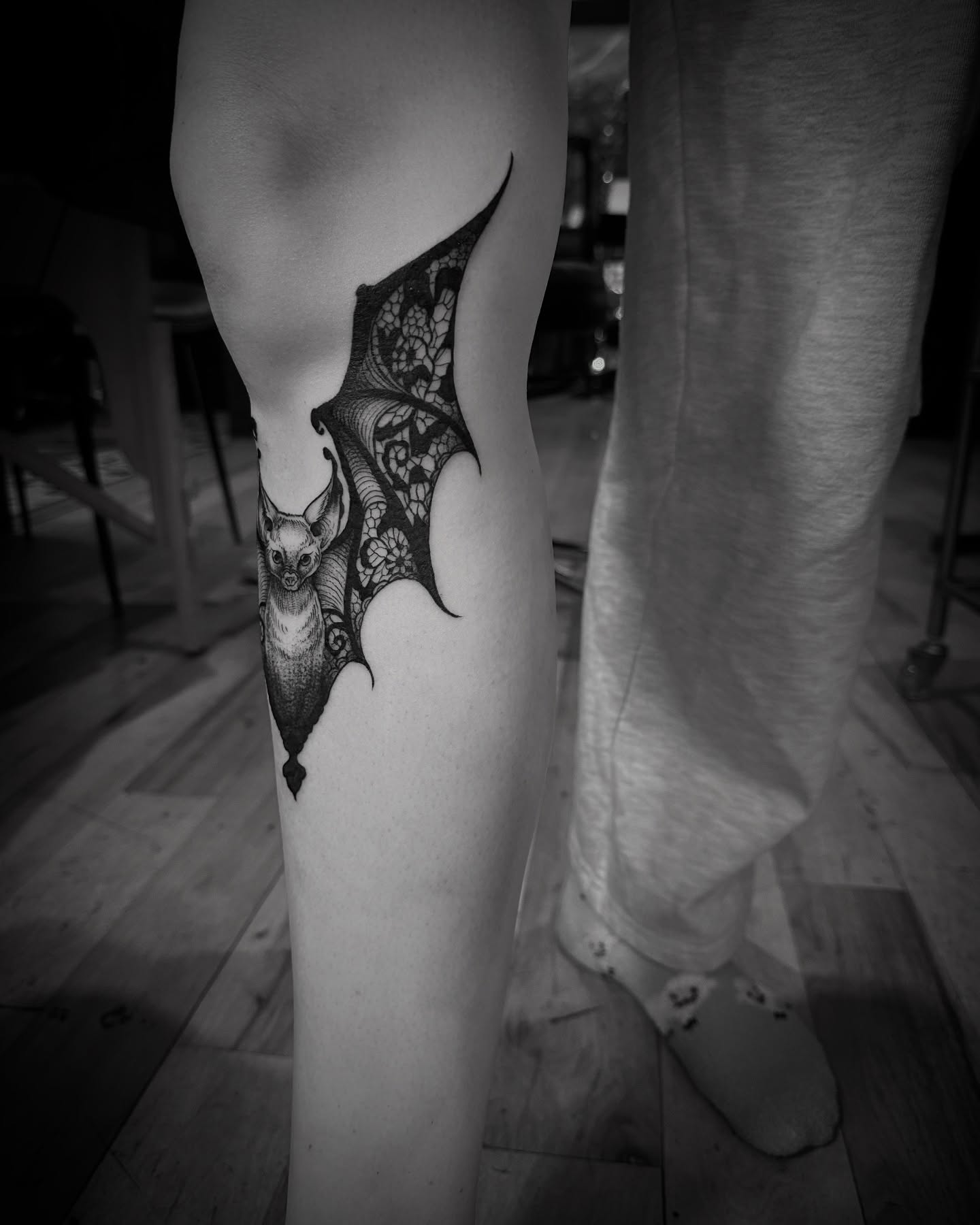 Bat geometric tattoo on the leg by Desireé Keys, Midvale, Utah