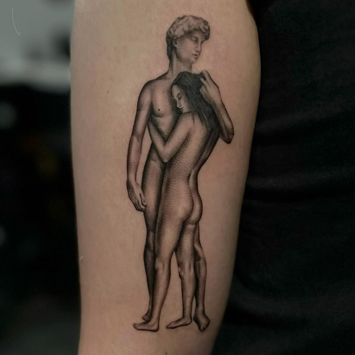 Couple dotwork tattoo on the forearm by Lee Ranco