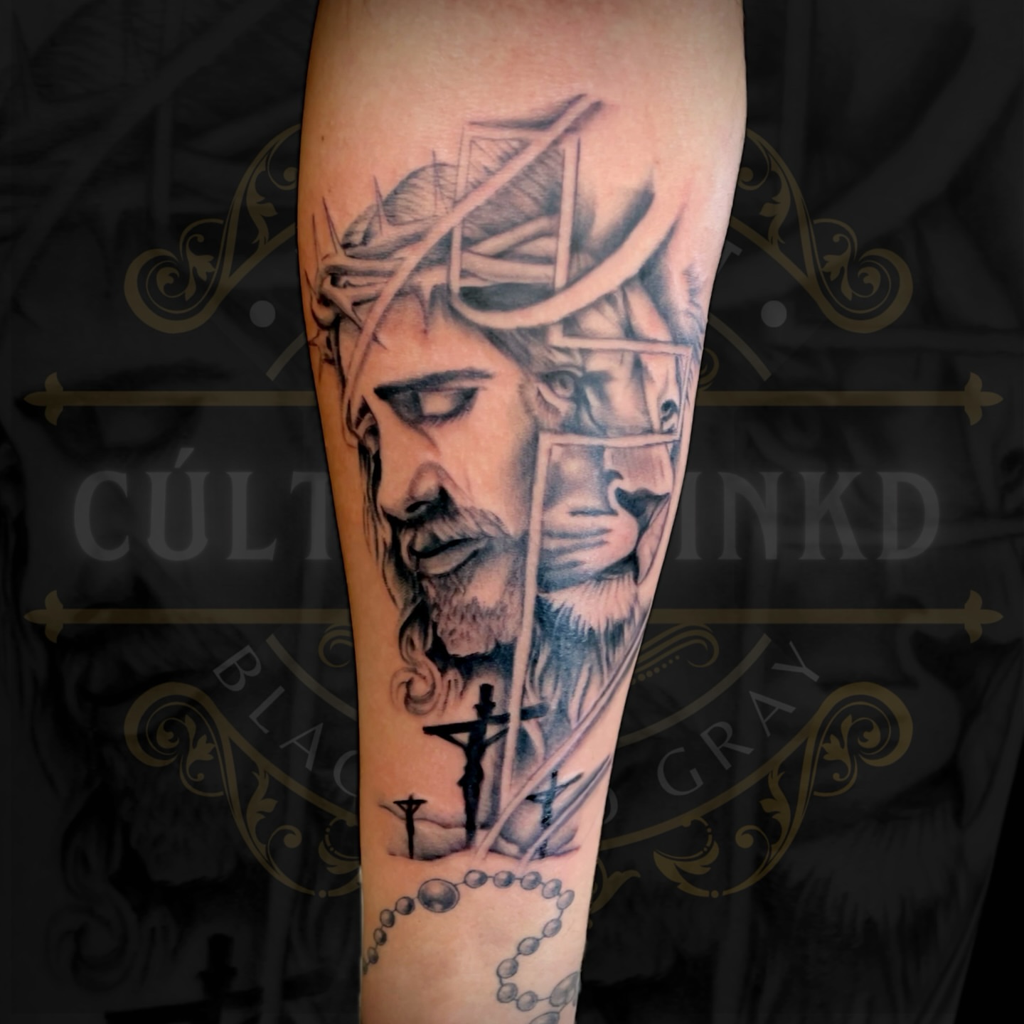 Religious figure realism tattoo on the forearm by Cultura