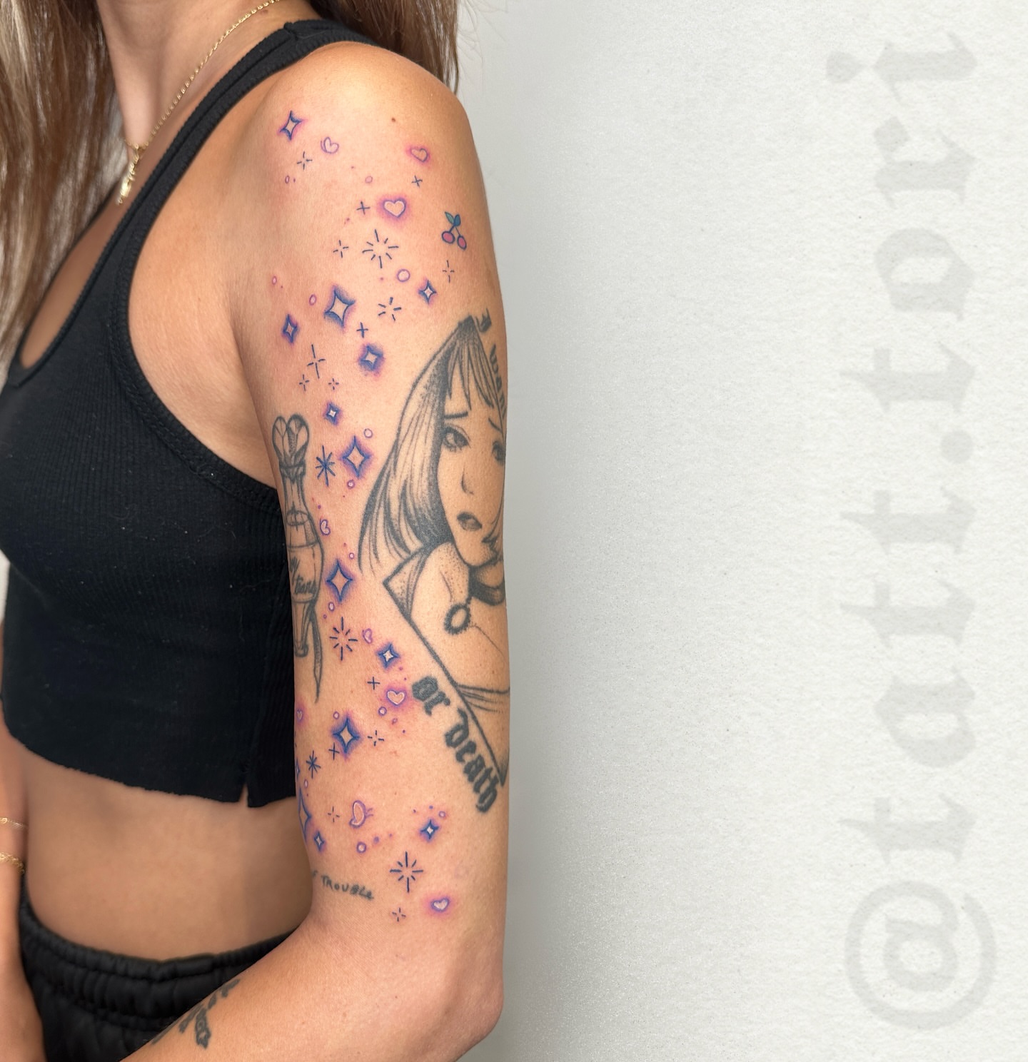 Girl with speech bubble dotwork tattoo on the forearm by 𝔱𝔬𝔯𝔦