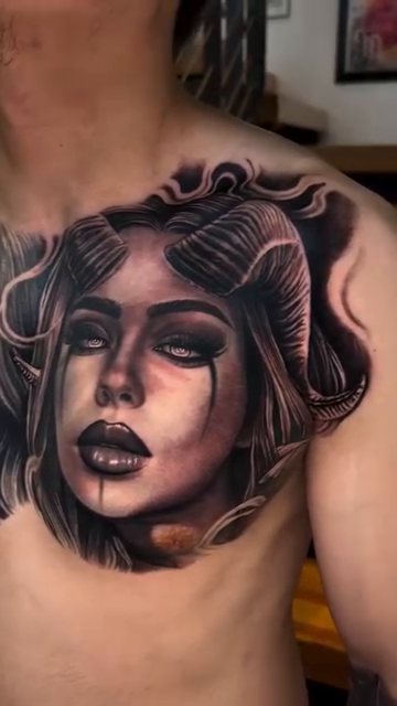 Two women, one with horns realism tattoo by Richie Moreno lll