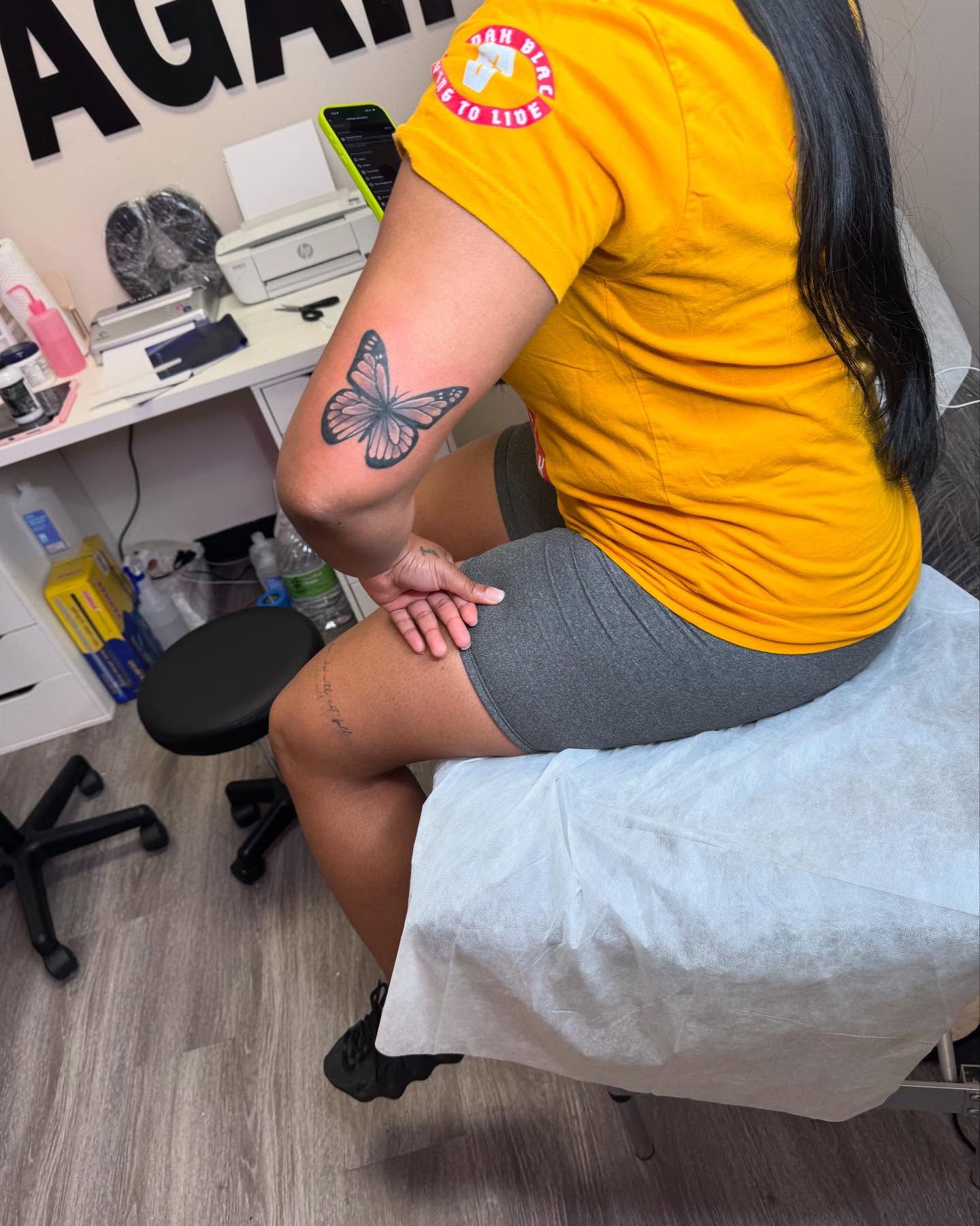 Butterfly black and grey tattoo on the leg by Sierra 🩷