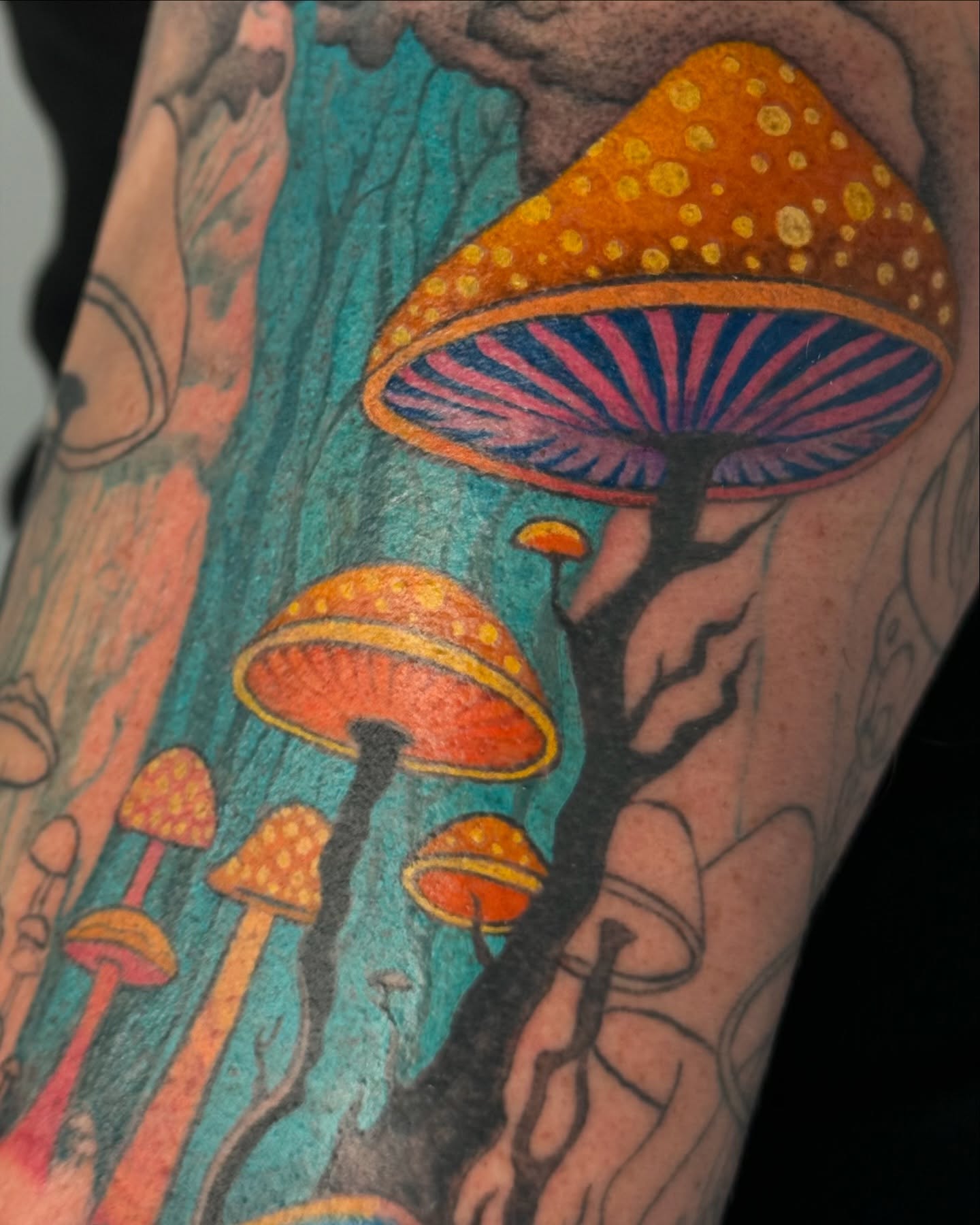 Mushroom forest dotwork tattoo on the forearm by Hailey K - Arizona Tattoo Artist, Miami, Florida