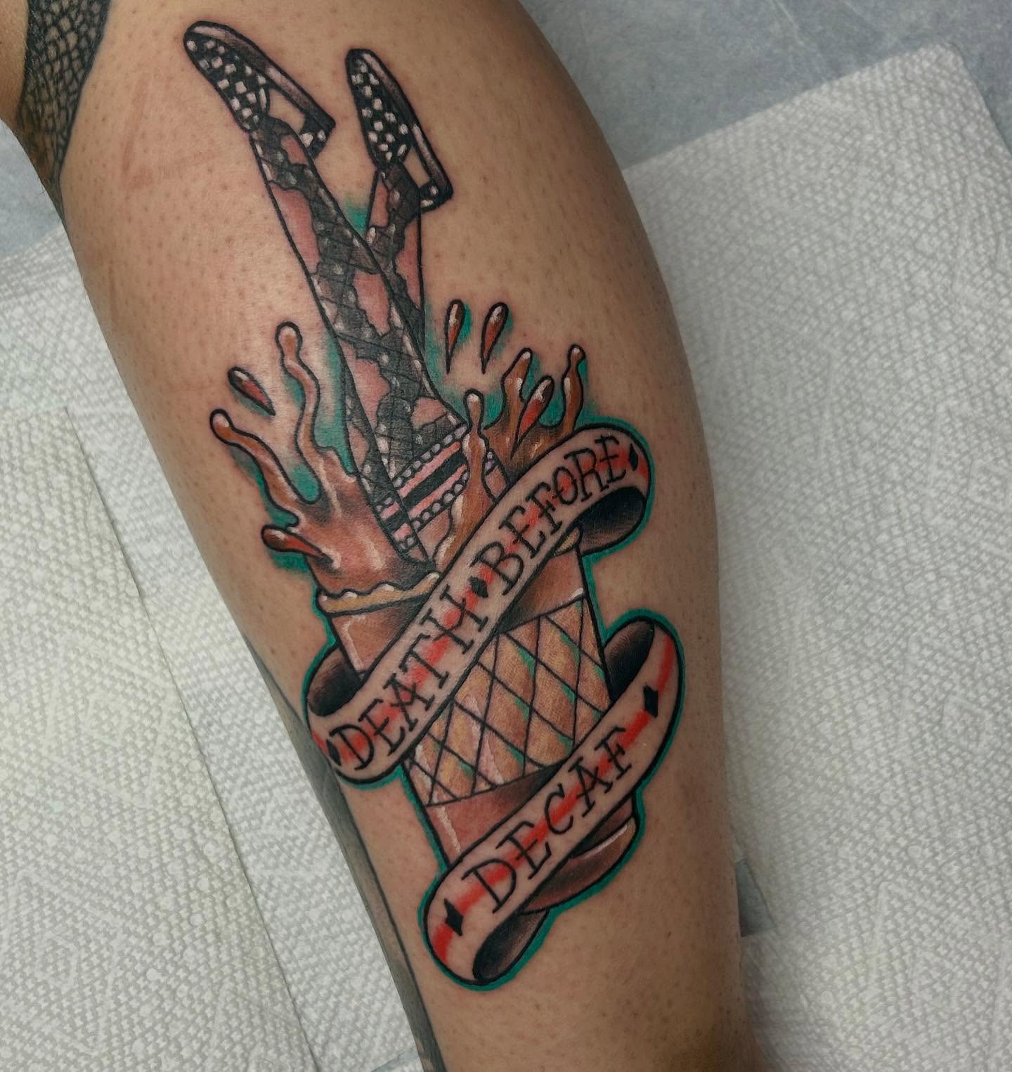 Ice cream cone American traditional tattoo on the leg by ⚡️Shaw⚡️