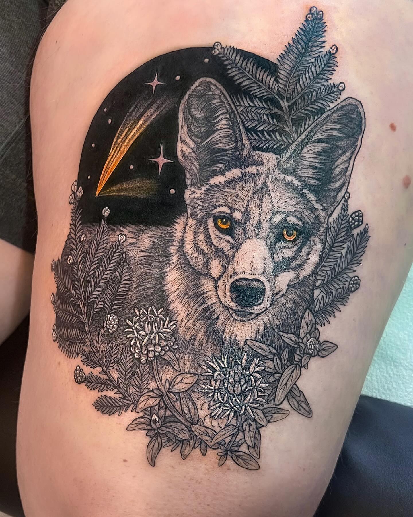 Wolf realism tattoo on the thigh by 𝗝𝗲𝘀𝘀𝗶𝗲 𝗩𝗶𝗼𝗹𝗲𝘁