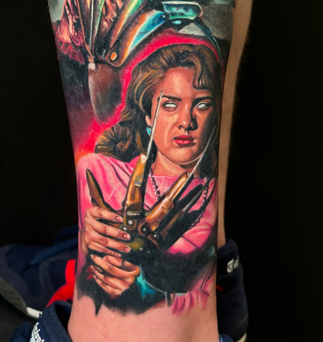 Freddy Krueger and Nancy Thompson realism tattoo on the forearm by 🦇𝖀𝖙𝖆𝖍🦇, Las Vegas, Nevada