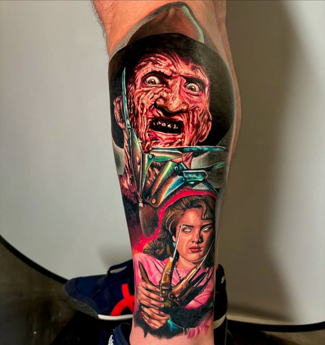 Freddy Krueger and Nancy Thompson realism tattoo on the forearm by 🦇𝖀𝖙𝖆𝖍🦇, Las Vegas, Nevada
