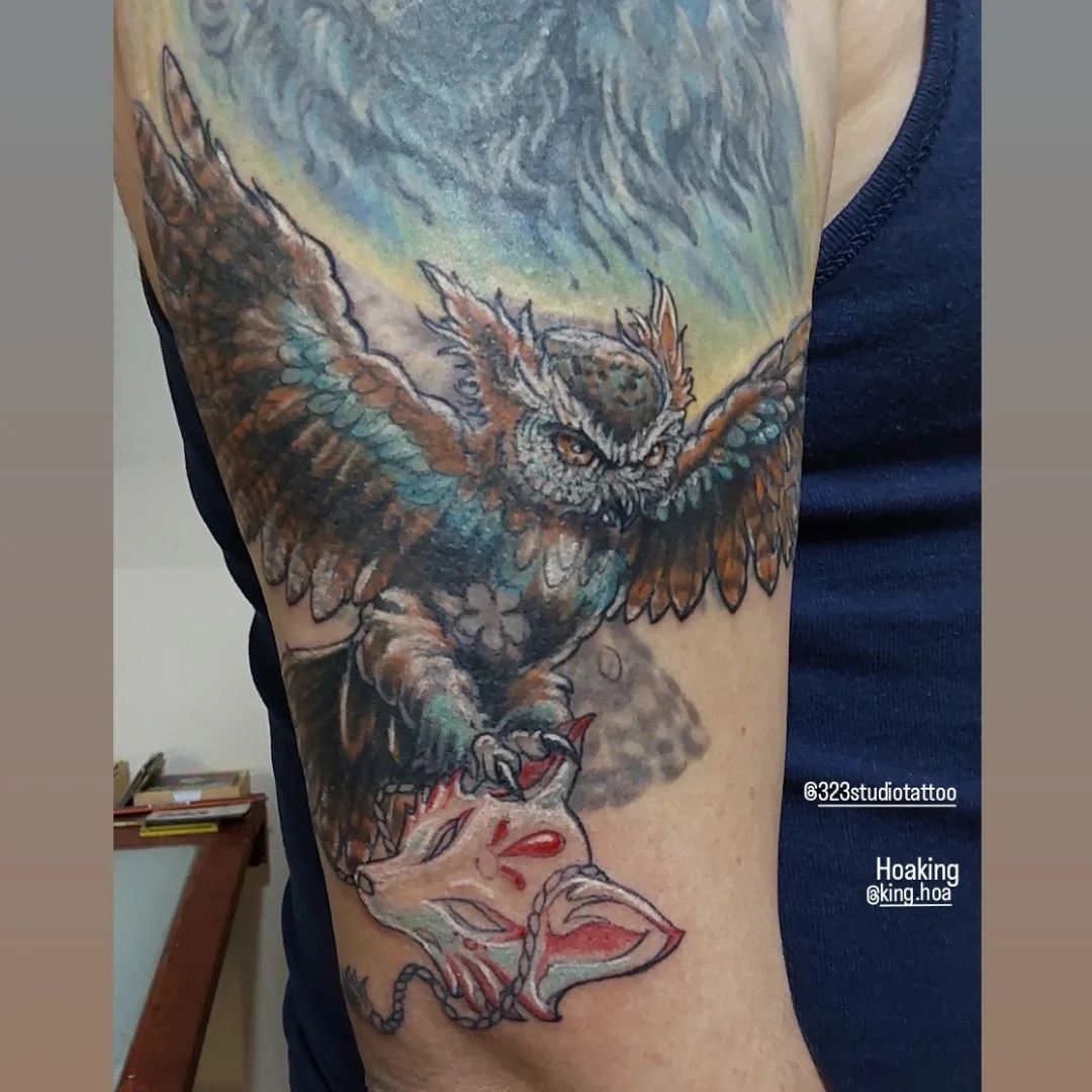 Owl realism tattoo on the forearm by Hoa King