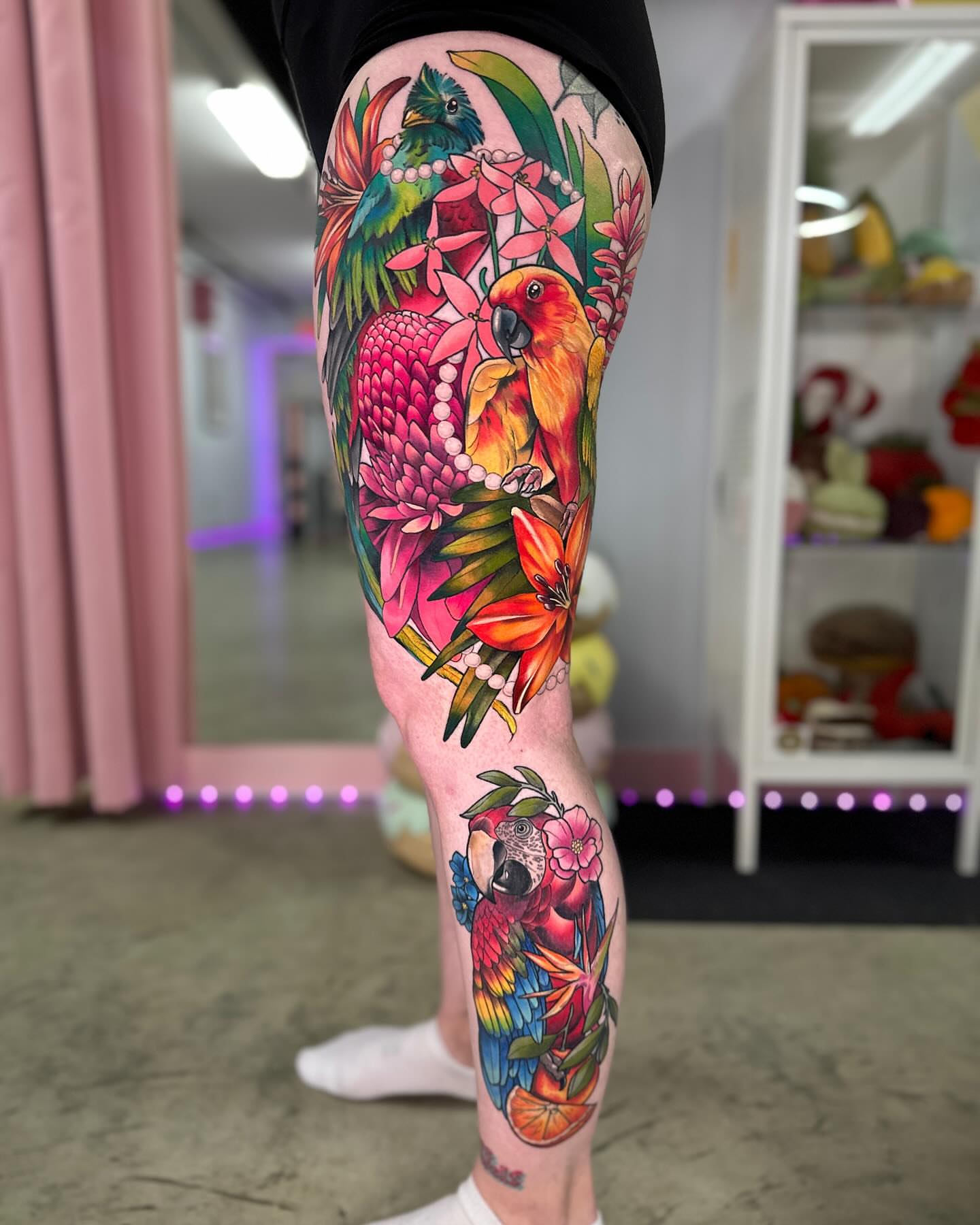 Parrots and flowers new school tattoo on the leg by โ ๐ฟ๐๐ ๐ญ๐๐๐๐