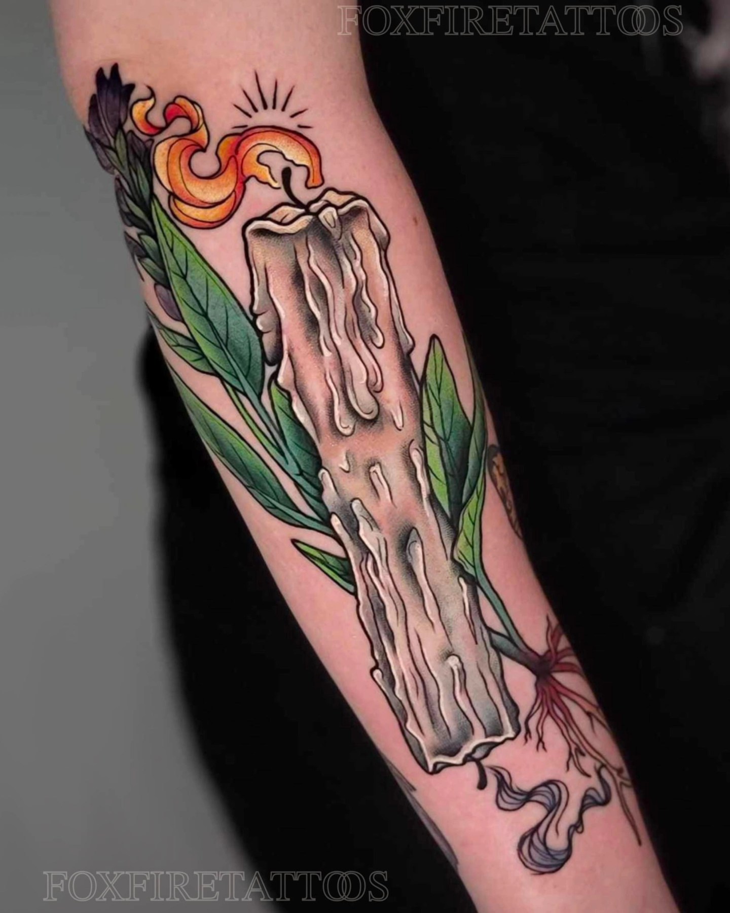 Burning candle American traditional tattoo on the forearm by Lindsey Chevalier - KCMO TATTOO ARTIST