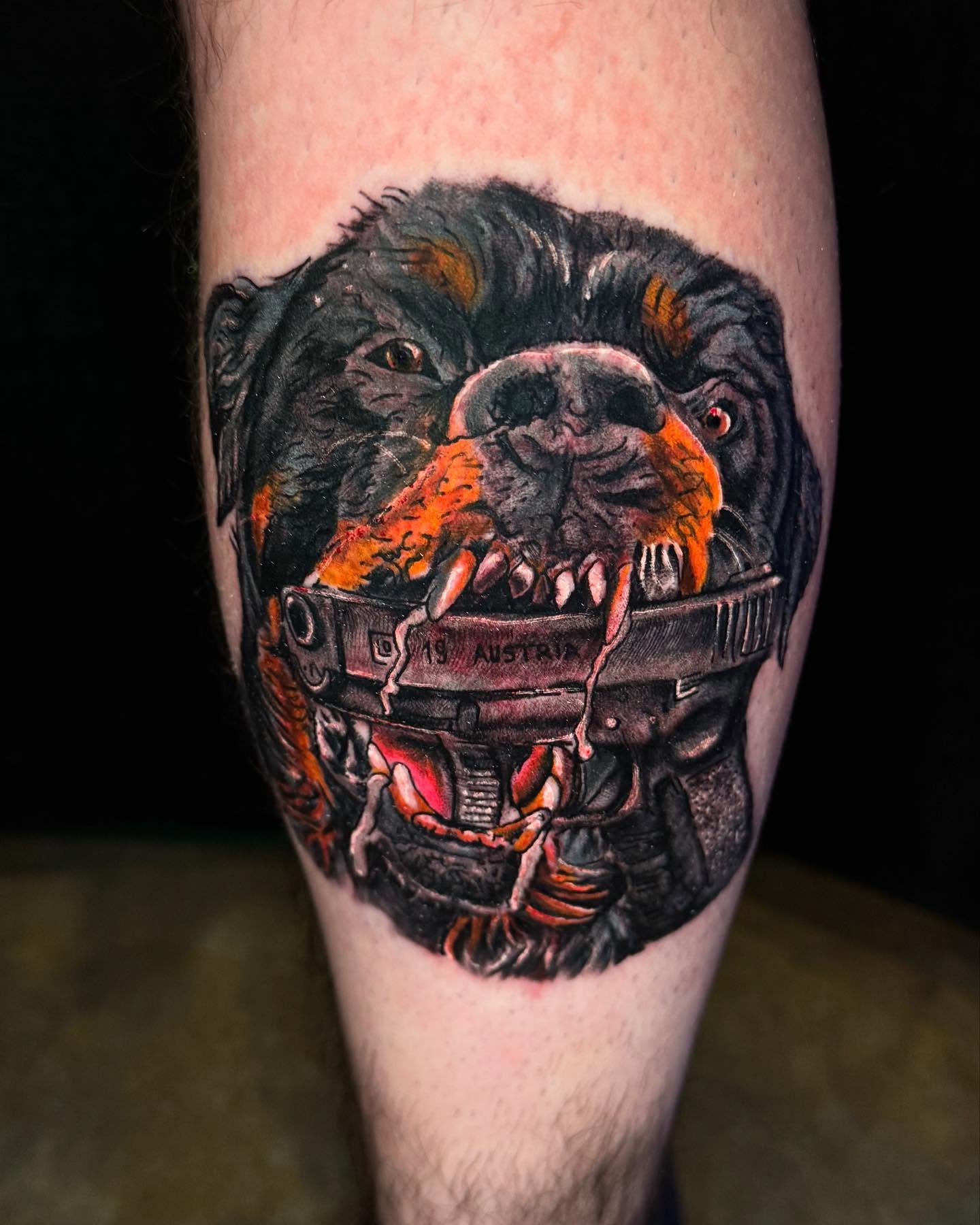 Rottweiler realism tattoo on the forearm by Therapy ink