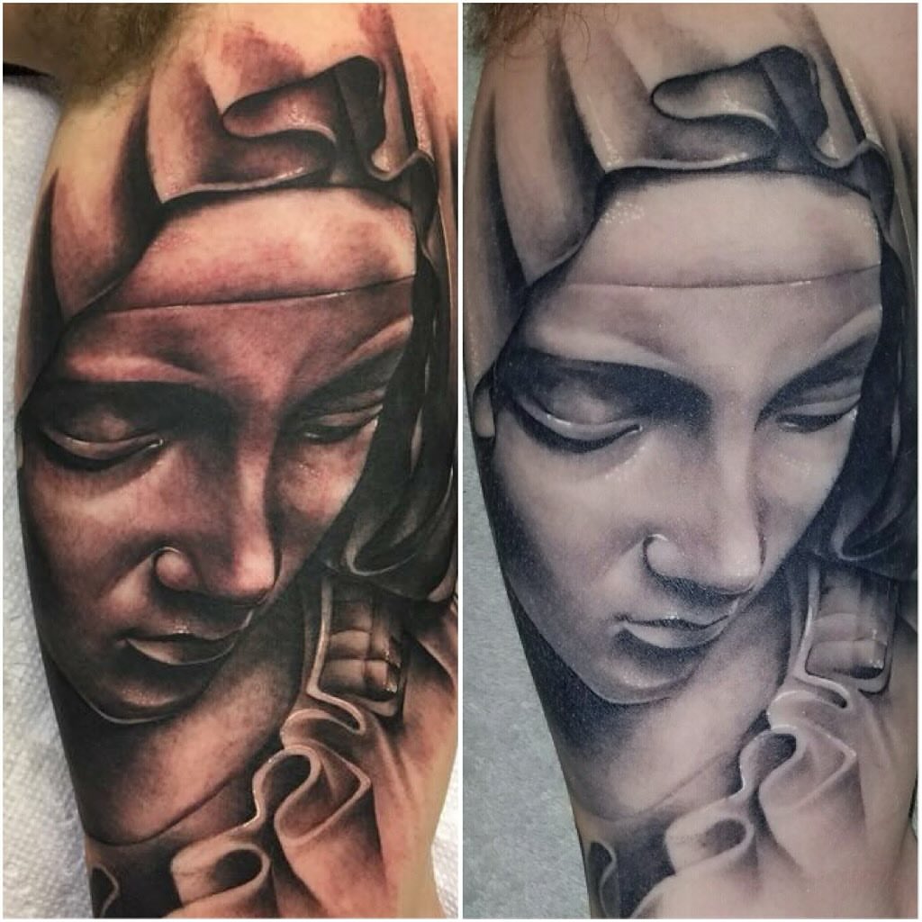 Woman's face realism tattoo on the forearm by Keith (KAM) Miller