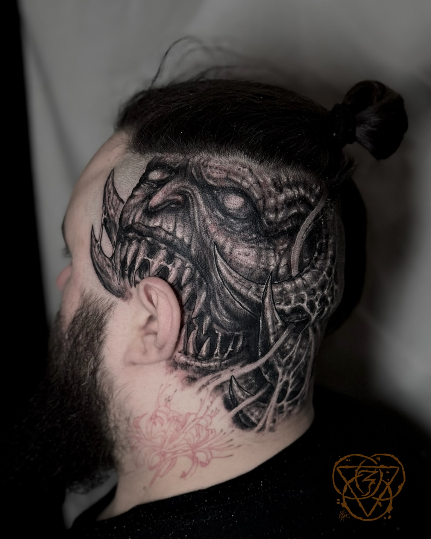 Demon head dark realism tattoo on the head by Justin (iam3) Leifeste