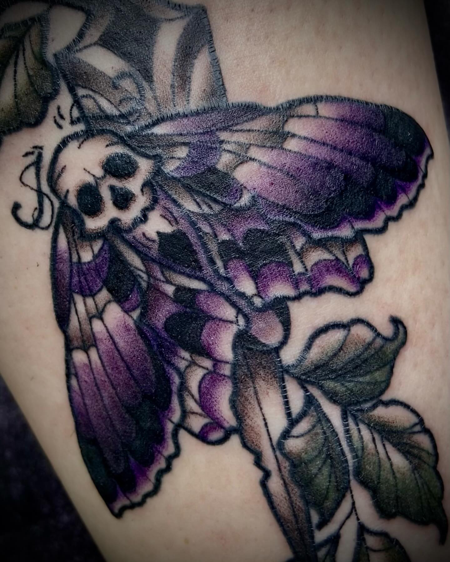 Moth with skull dark realism tattoo on the upper arm by Shelbie, Salt Lake City, Utah