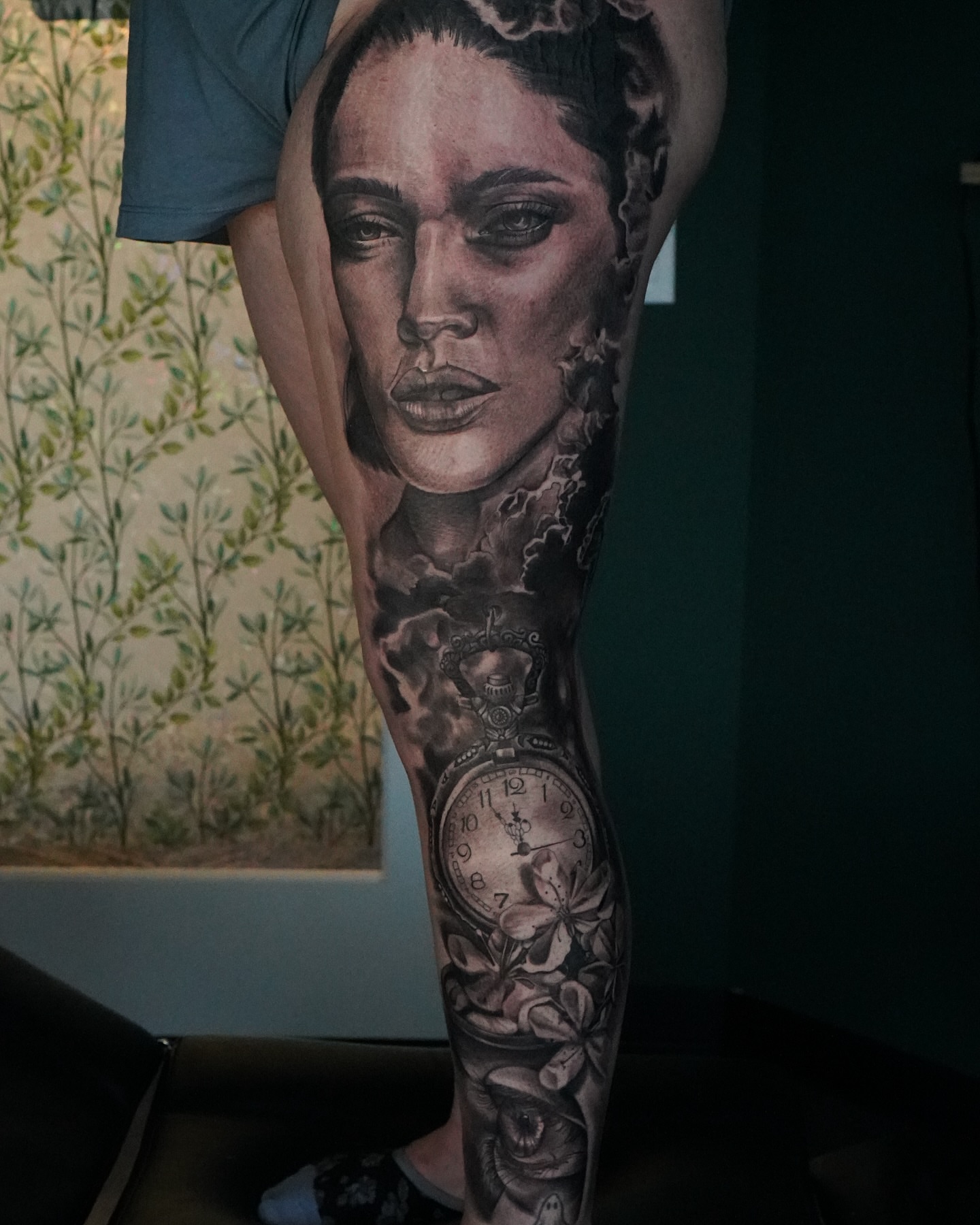 Portrait with pocket watch realism tattoo on the forearm by Jaiden Ducoff