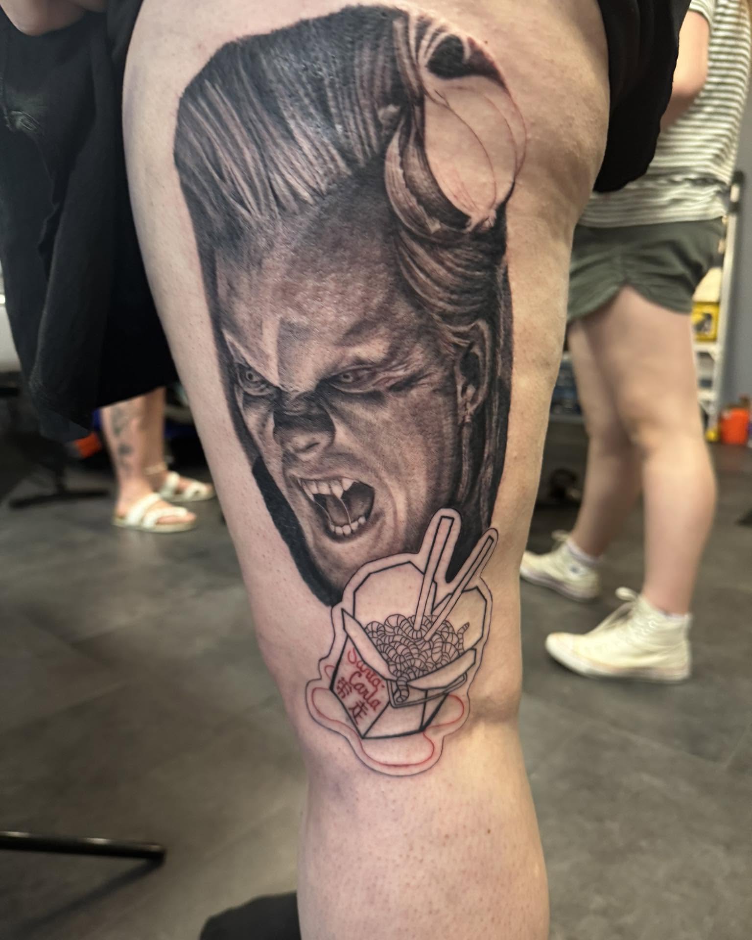Joker realism tattoo on the thigh by Zacharee Osborn