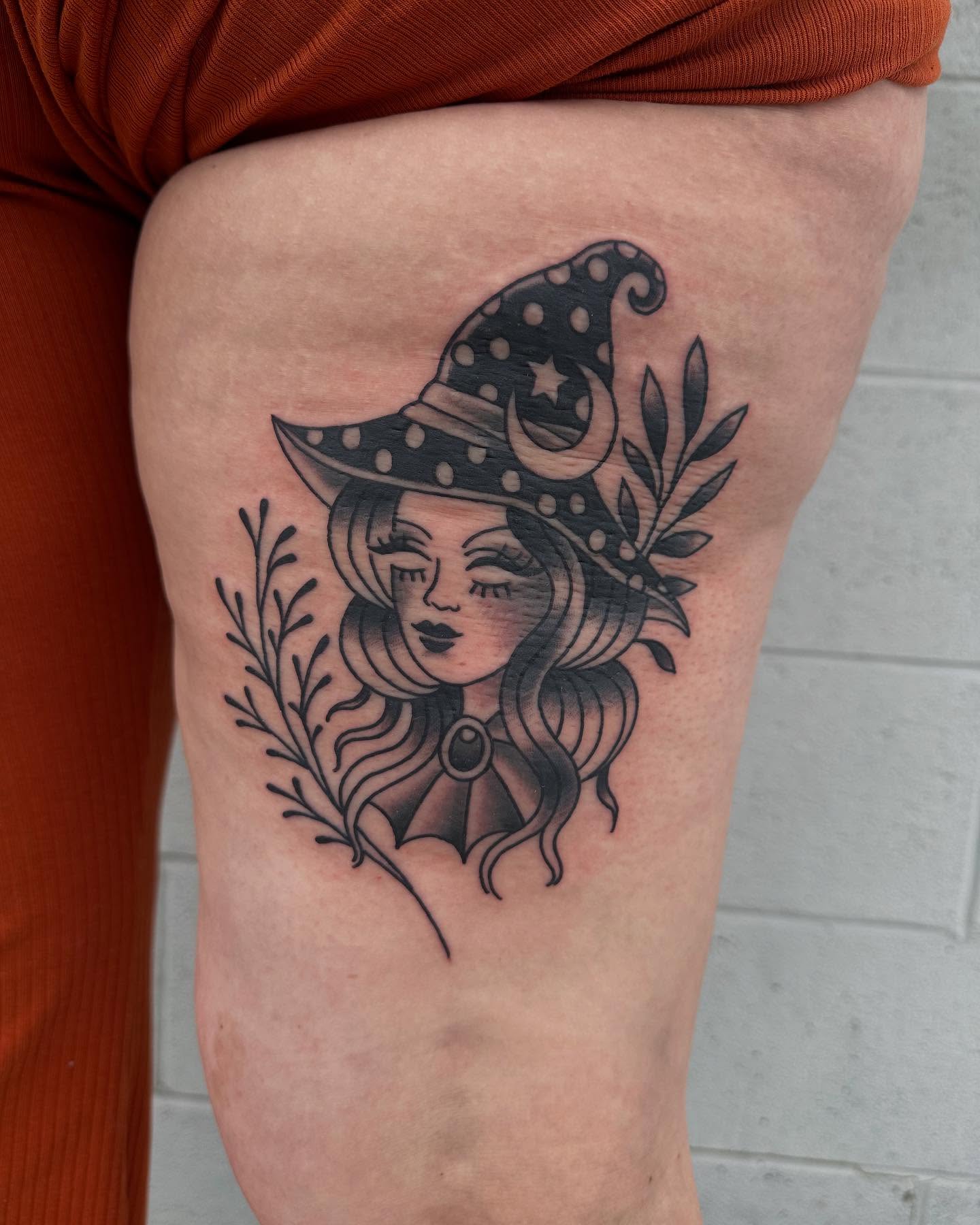 Witch dotwork tattoo on the thigh by Whitney Creep Tattoos