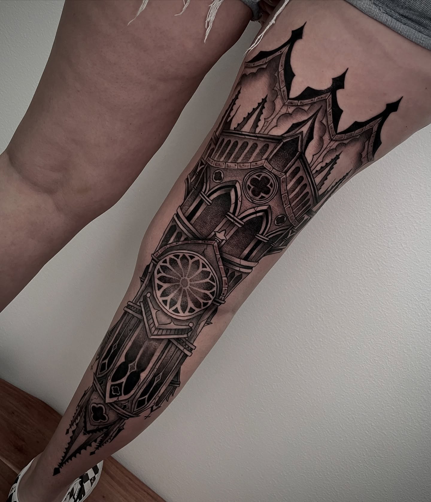 Gothic cathedral geometric tattoo on the forearm by Kathryn the Tooth Collector