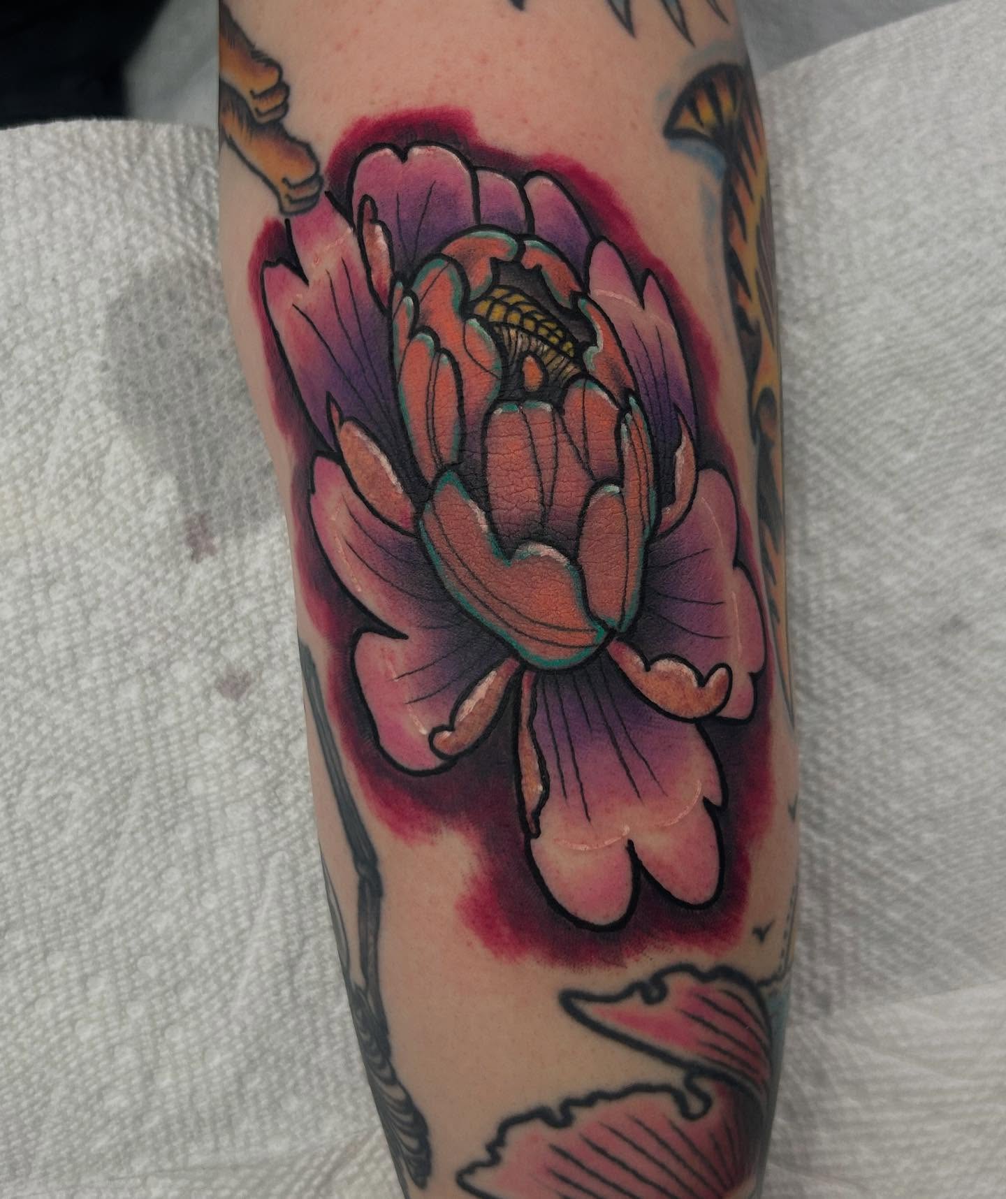 Peony flower American traditional tattoo on the forearm by ⚡️Shaw⚡️