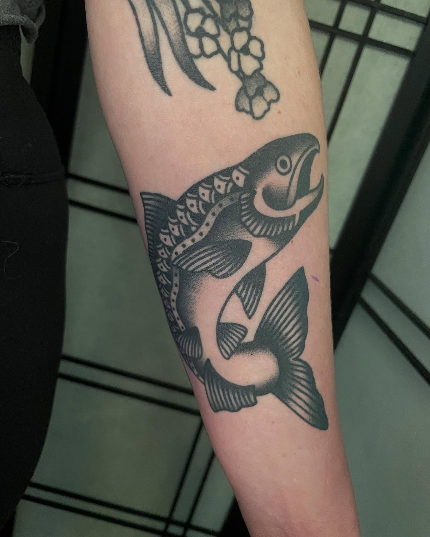 Salmon black and grey tattoo on the forearm by Seattle Tattoo Artist, Bonney Lake, Washington