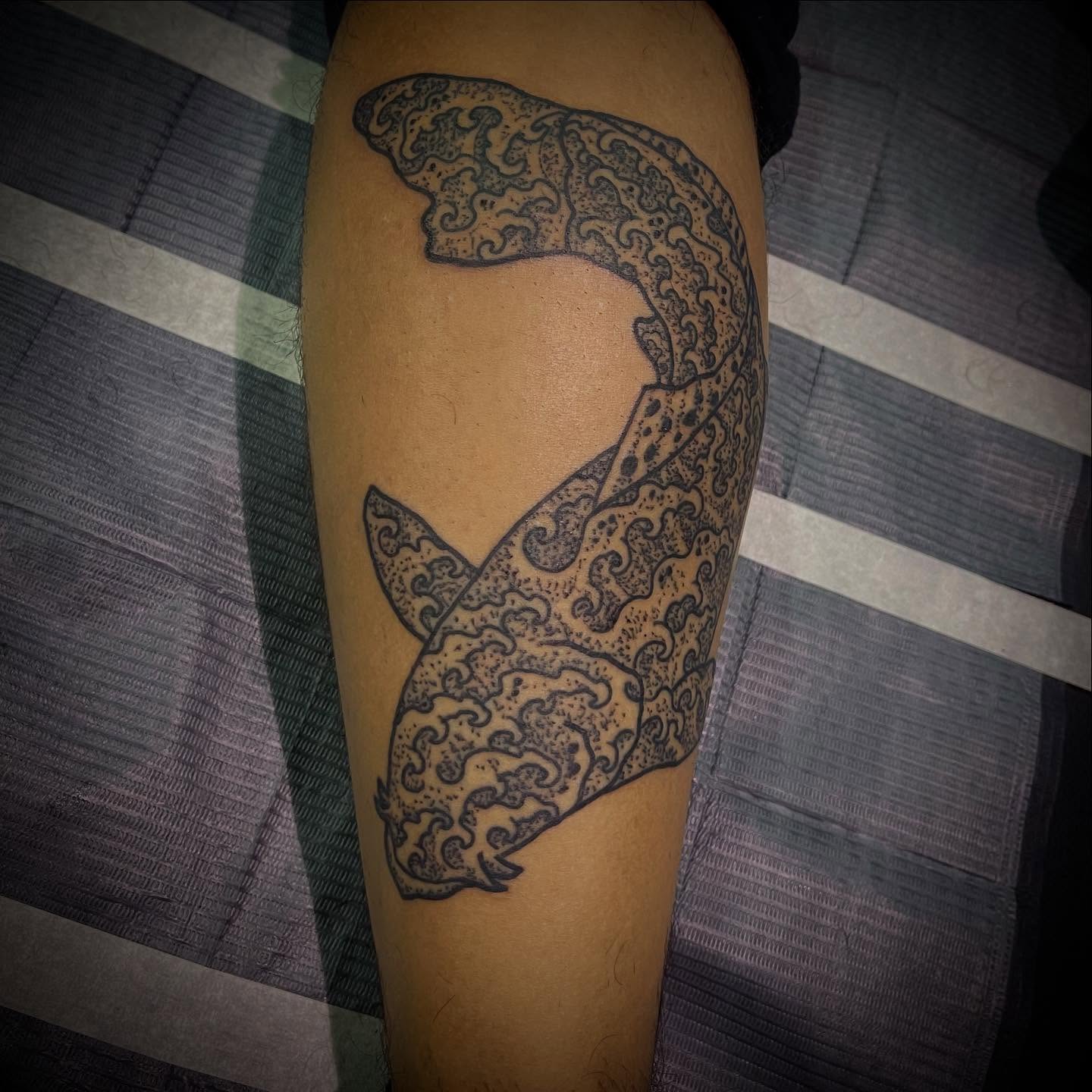 Shark dotwork tattoo on the leg by Don Juan