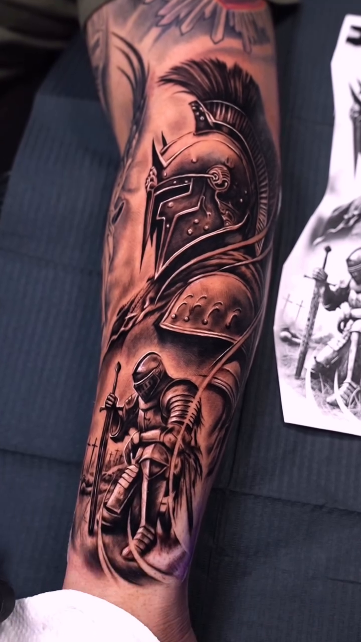 Spartan warrior and helmet realism tattoo by Brayan Batista - Tattoo Artist