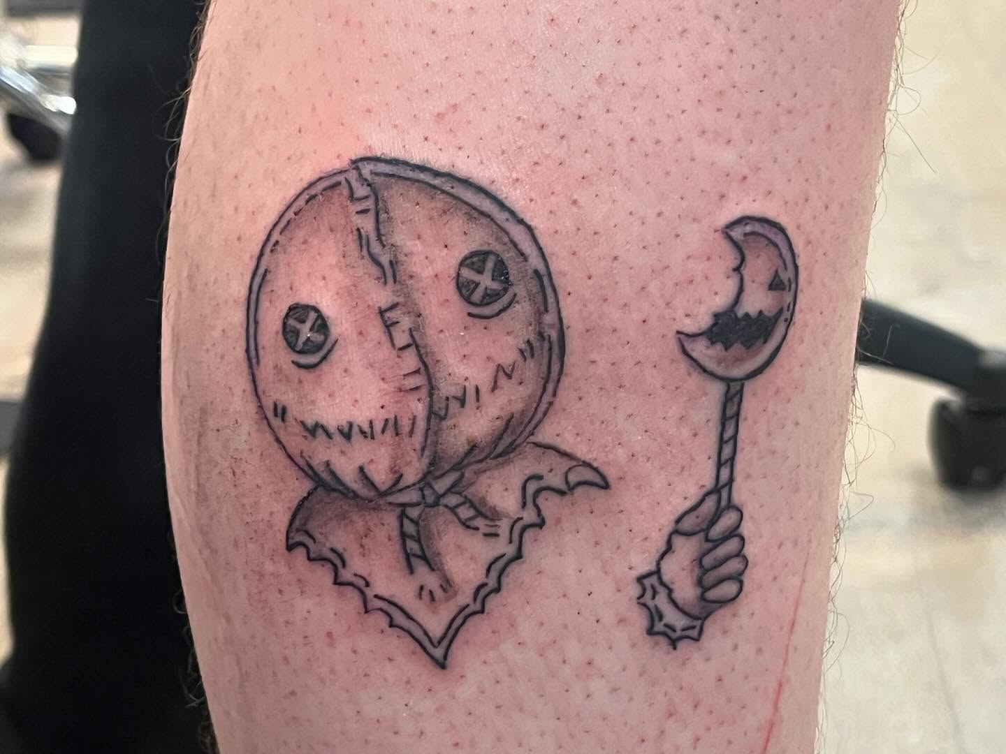 Puppet and spoon black and grey tattoo on the forearm by ❦julia