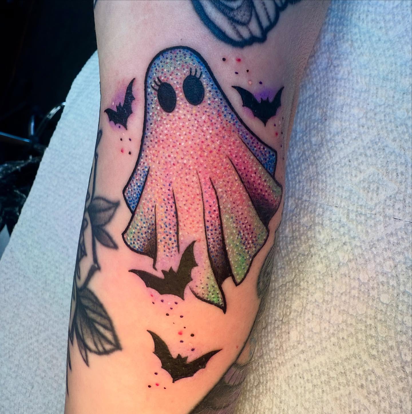 Ghost dotwork tattoo on the forearm by Brad Sterling