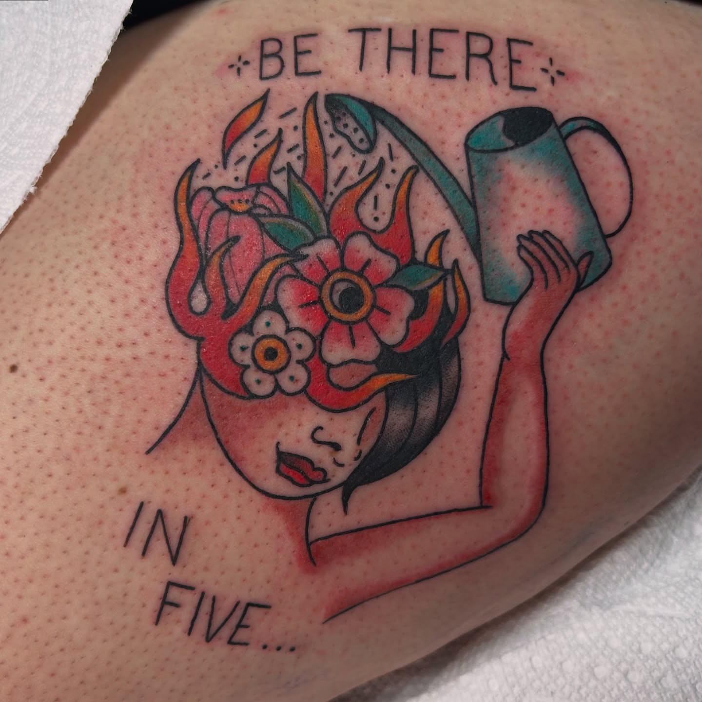 Watering can and flowers American traditional tattoo on the thigh by Lauren Caldwell 🔮🌙