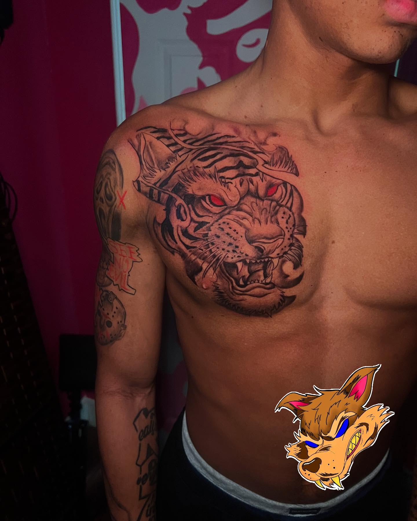 Tiger realism tattoo on the chest by Glass Inkk