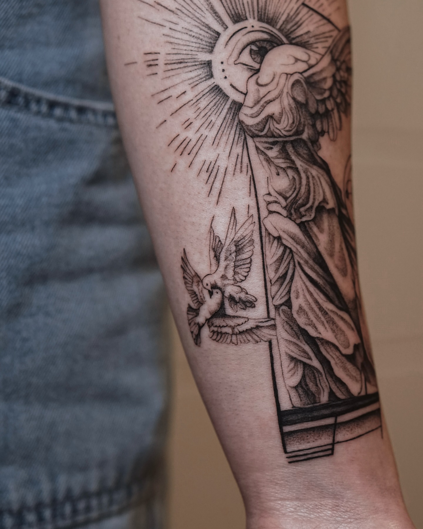 Statue with dove black and grey tattoo on the forearm by ᴛᴀᴛᴛᴏᴏ ᴀʀᴛɪꜱᴛ 📍Portland, OR