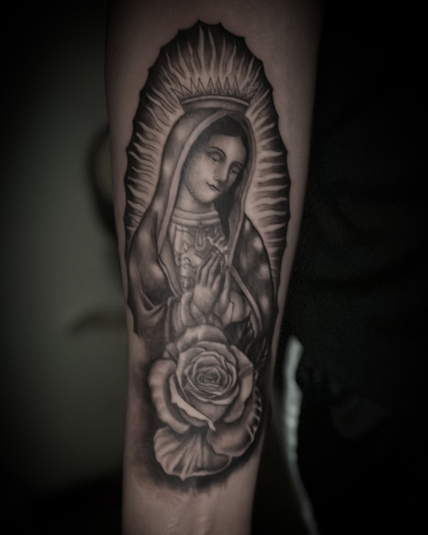 Our Lady of Guadalupe realism tattoo on the forearm by Juan c munoz jr, Chicago, Illinois