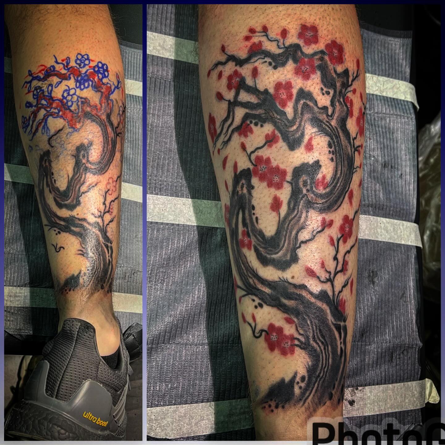 Cherry blossom tree japanese irezumi tattoo on the calf by Don Juan