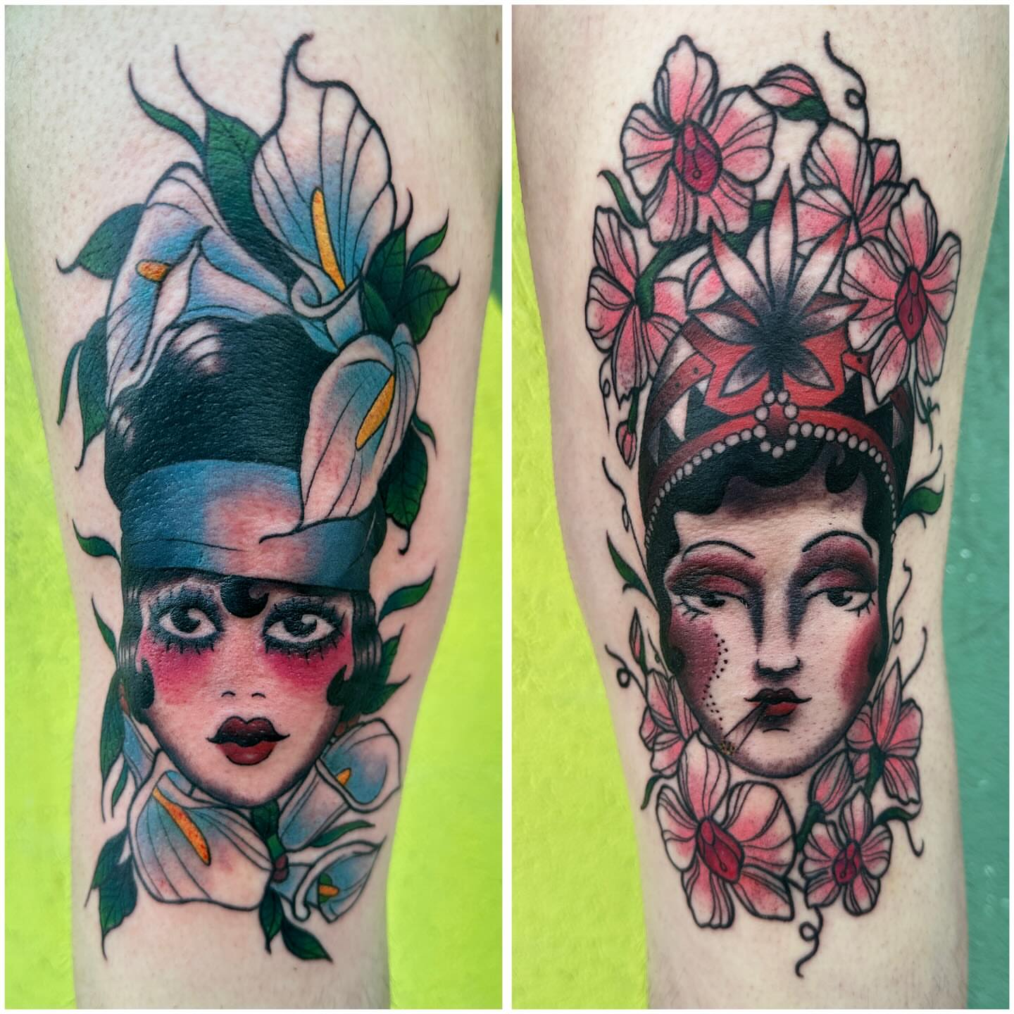 Floral portrait American traditional tattoo on the forearm by Holle Hellfire