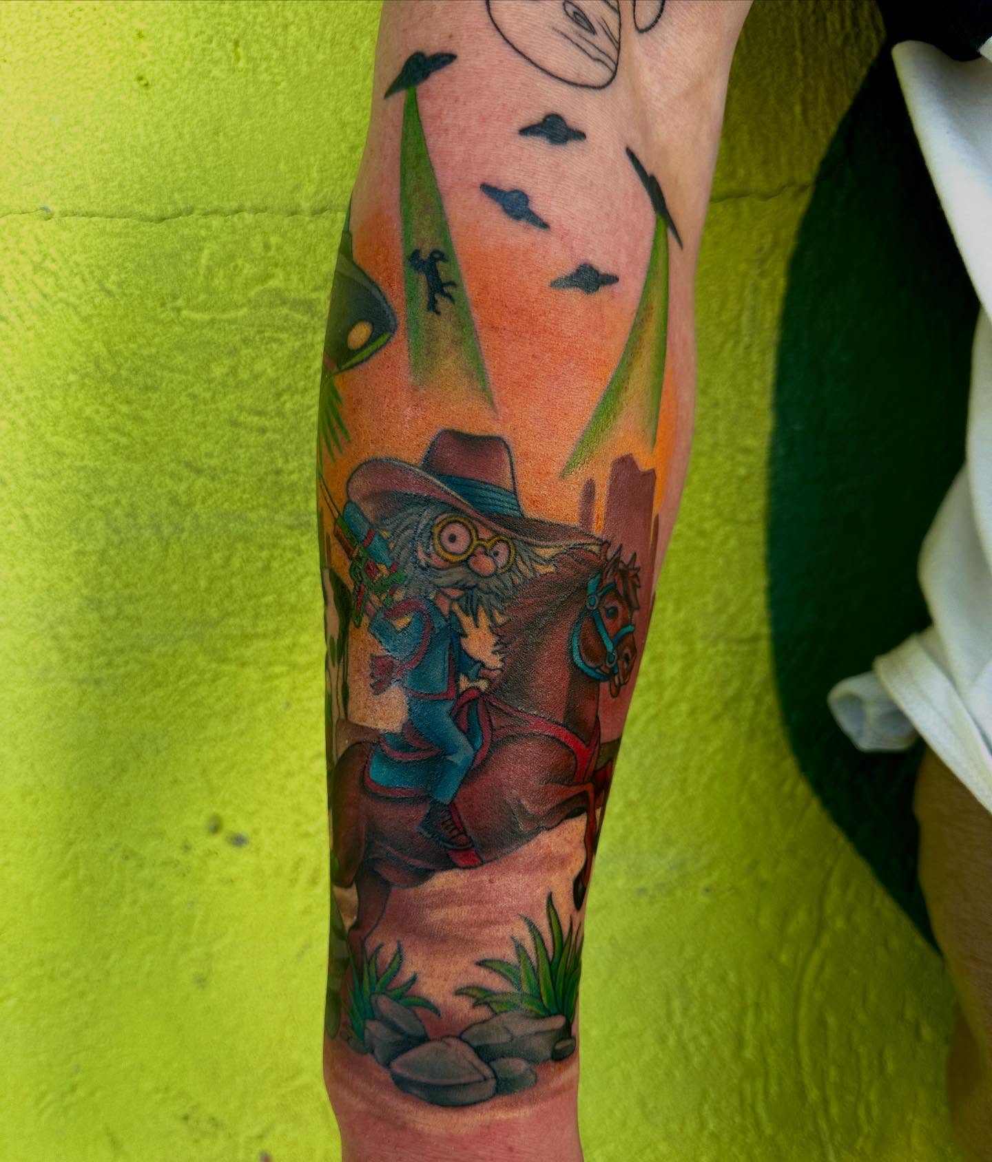 Wizard riding horse American traditional tattoo on the forearm by Holle Hellfire
