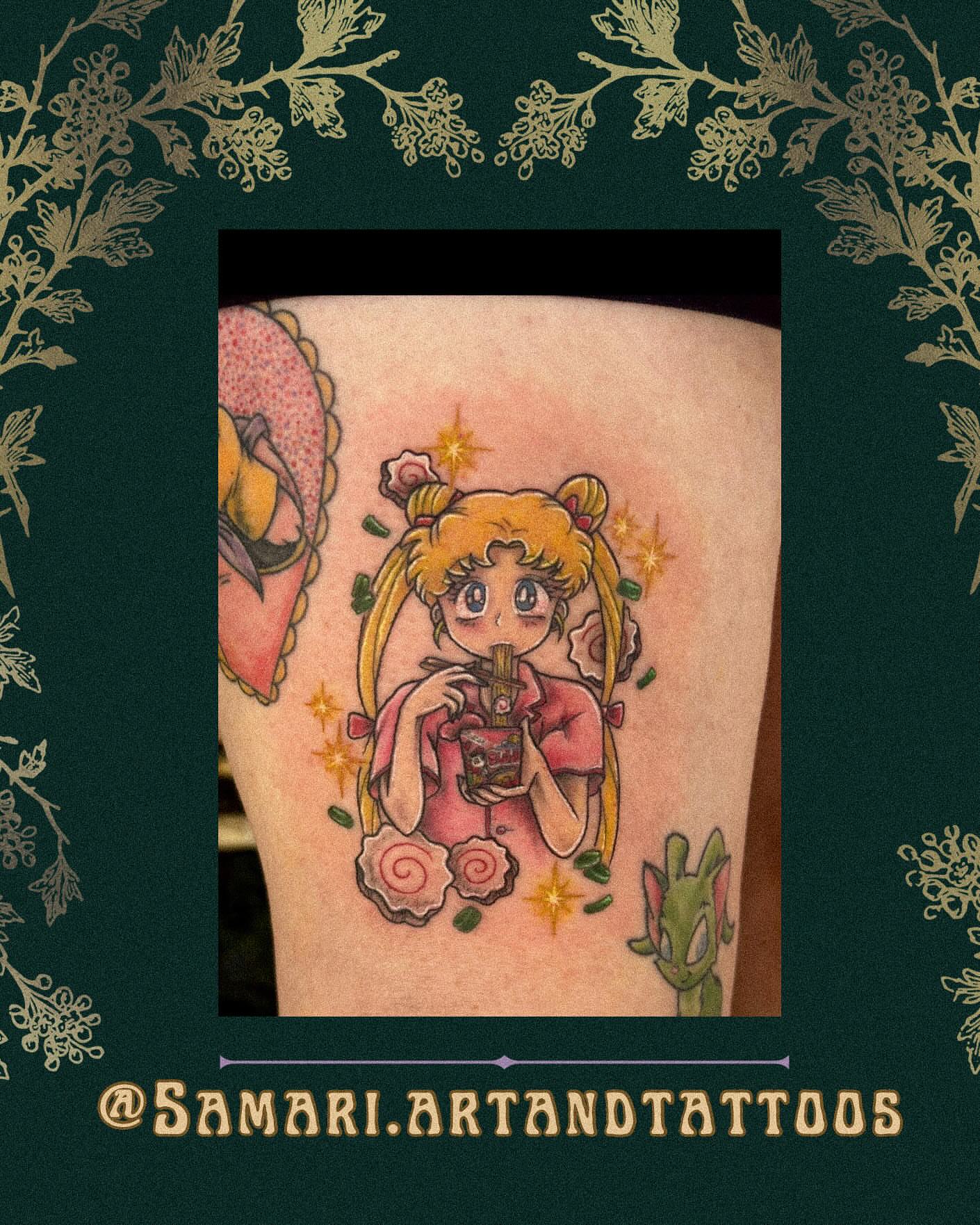 Anime character anime tattoo on the thigh by Severin Black