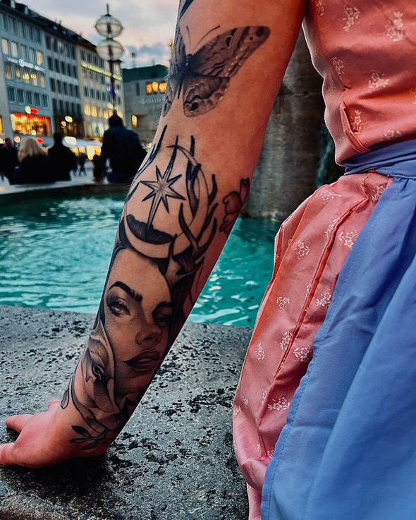 Woman's face American traditional tattoo on the forearm by Feliz Manzanedo, Prescott, Arizona