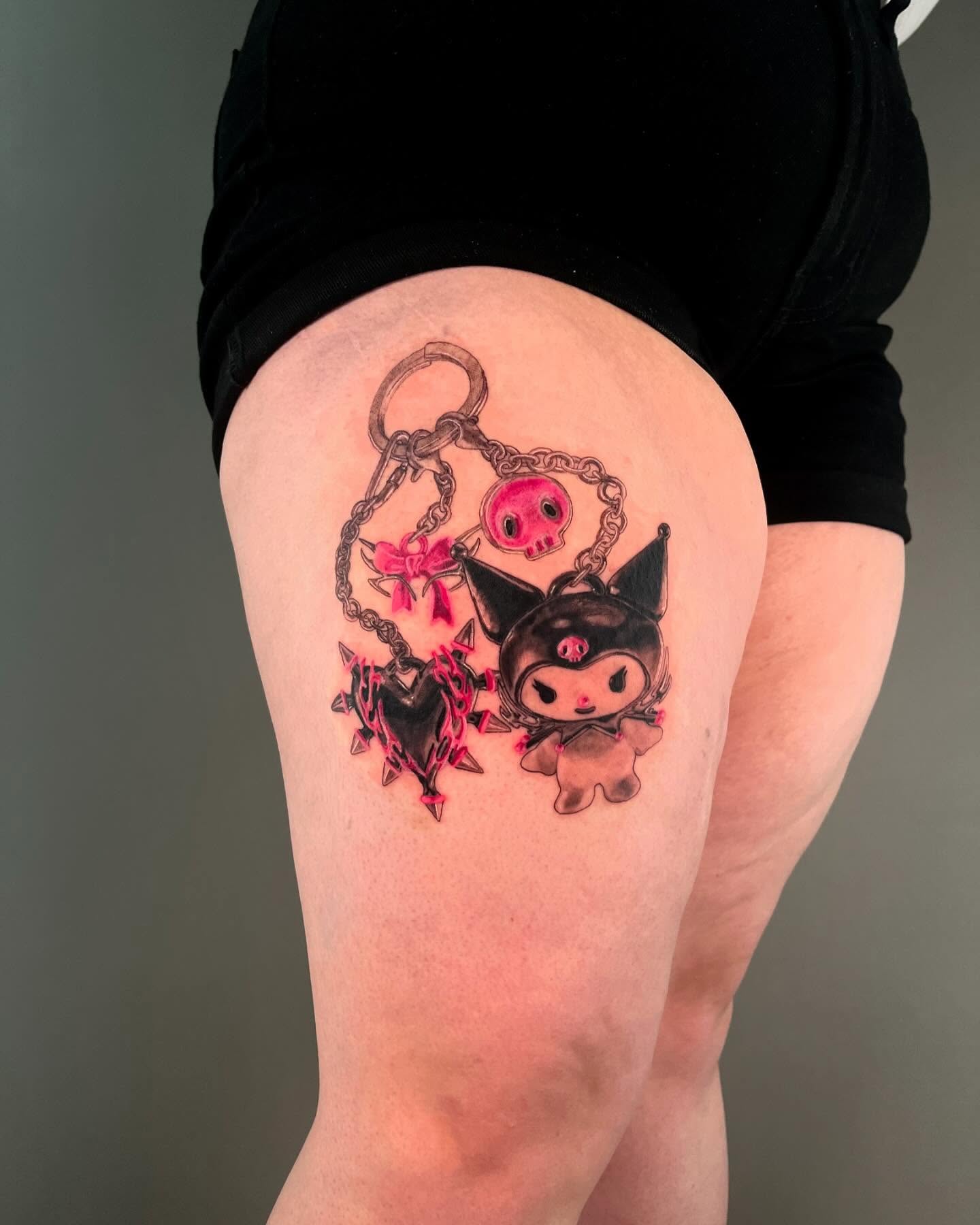Kawaii characters anime tattoo on the thigh by Anthony “Jiinky” Quintanilla 🧸☁️