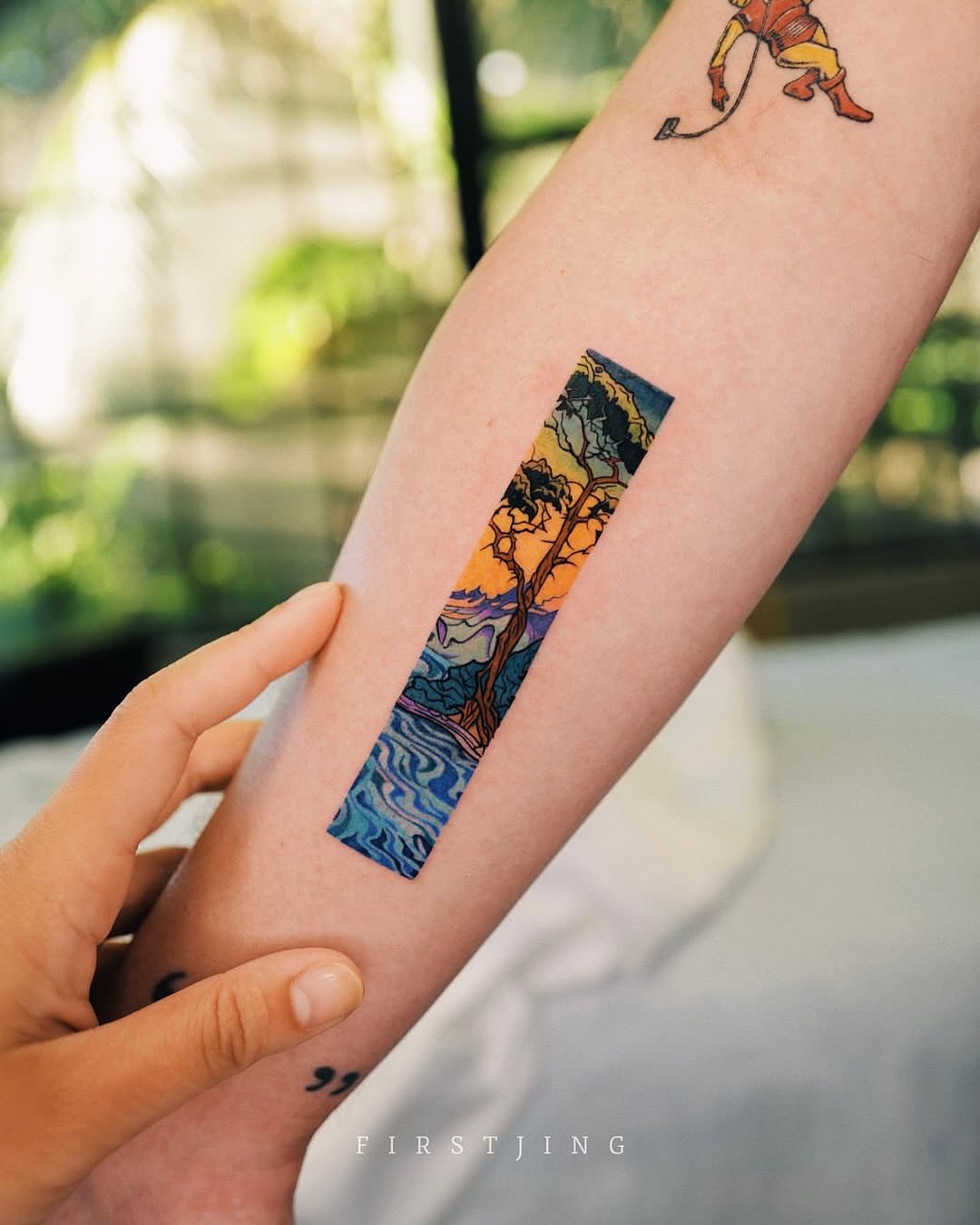 Landscape dotwork tattoo on the forearm by Seattle