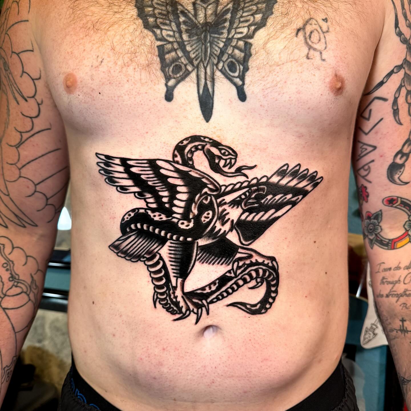 Winged snake black and grey tattoo on the torso by Alex Kass 🥩 San Antonio TX, San Antonio, Texas