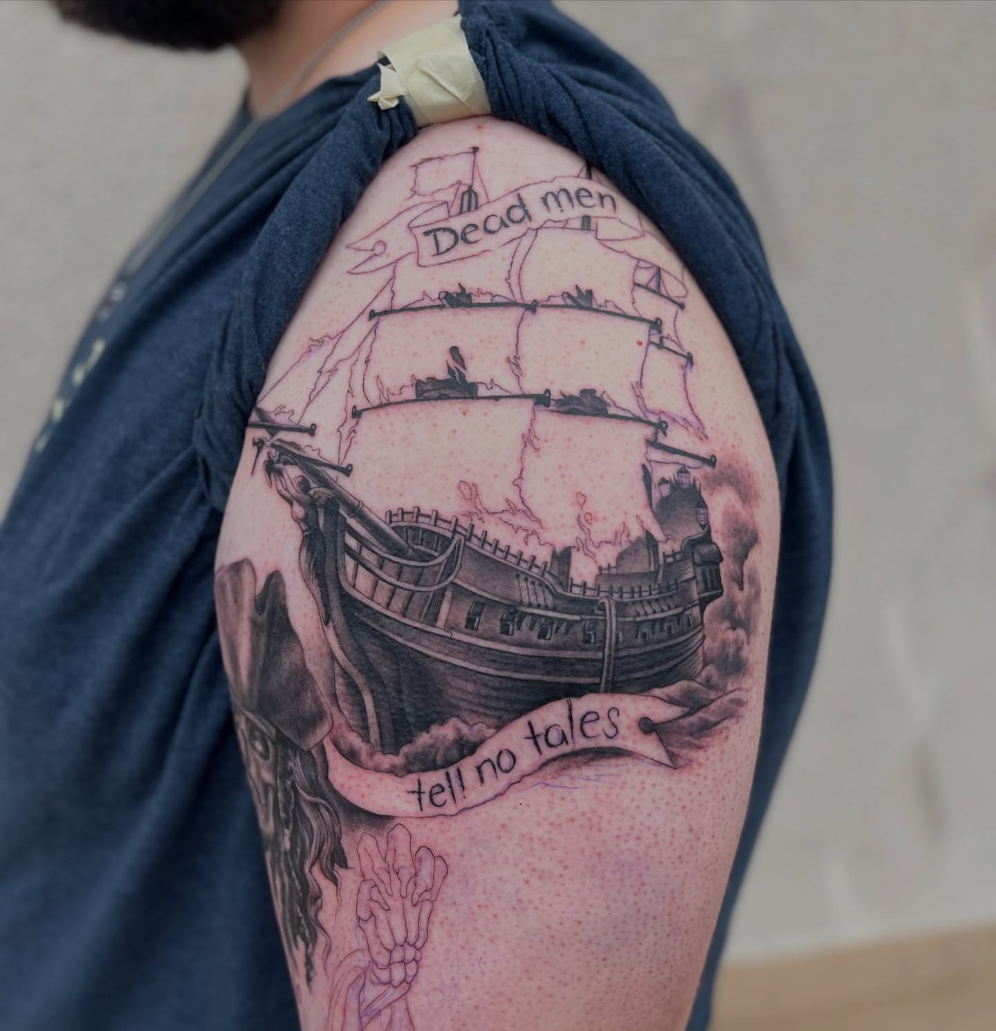 Pirate ship realism tattoo on the shoulder by Angelique Sanders, Tellico Plains, Tennessee