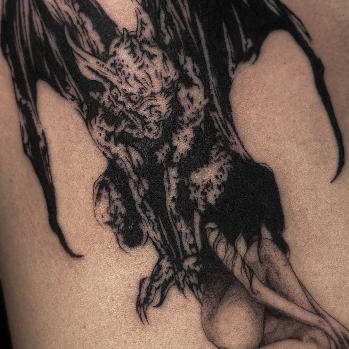 Demon black and grey tattoo on the shoulder by V เผ๏ธ ๐๐๐ญ๐ญ๐จ๐จ ๐๐ซ๐ญ๐ข๐ฌ๐ญ