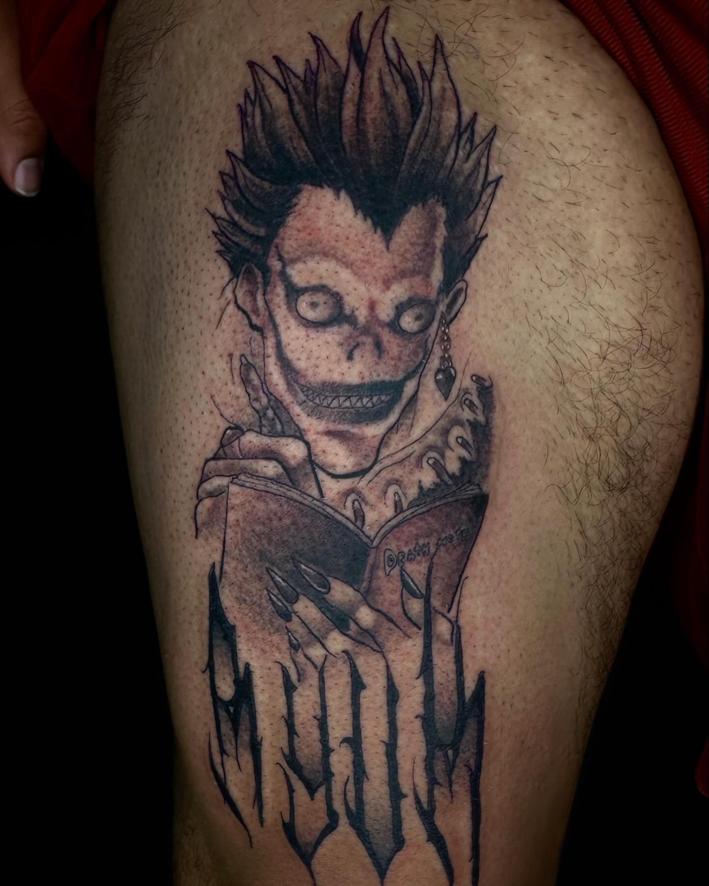 Anime character dotwork tattoo on the thigh by Jay Morales