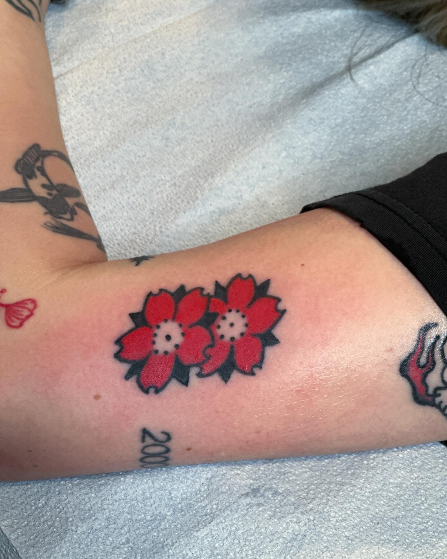 Cherry blossoms dotwork tattoo on the forearm by Hayley Hendrick