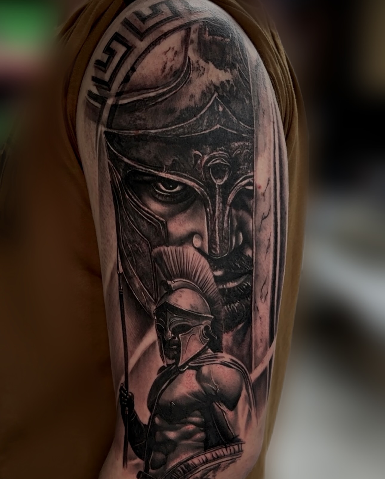 Spartan warrior realism tattoo on the forearm by Billy Harris
